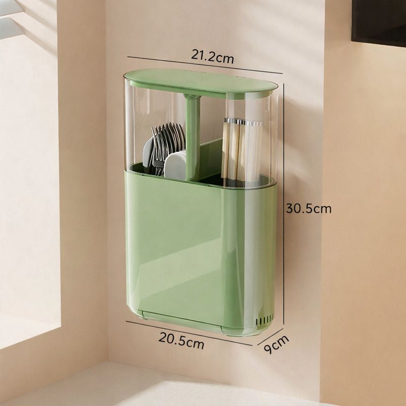 Wall-Mounted Lift-Up Utensil Organizer – Dustproof & Drainage Kitchen Storage Box