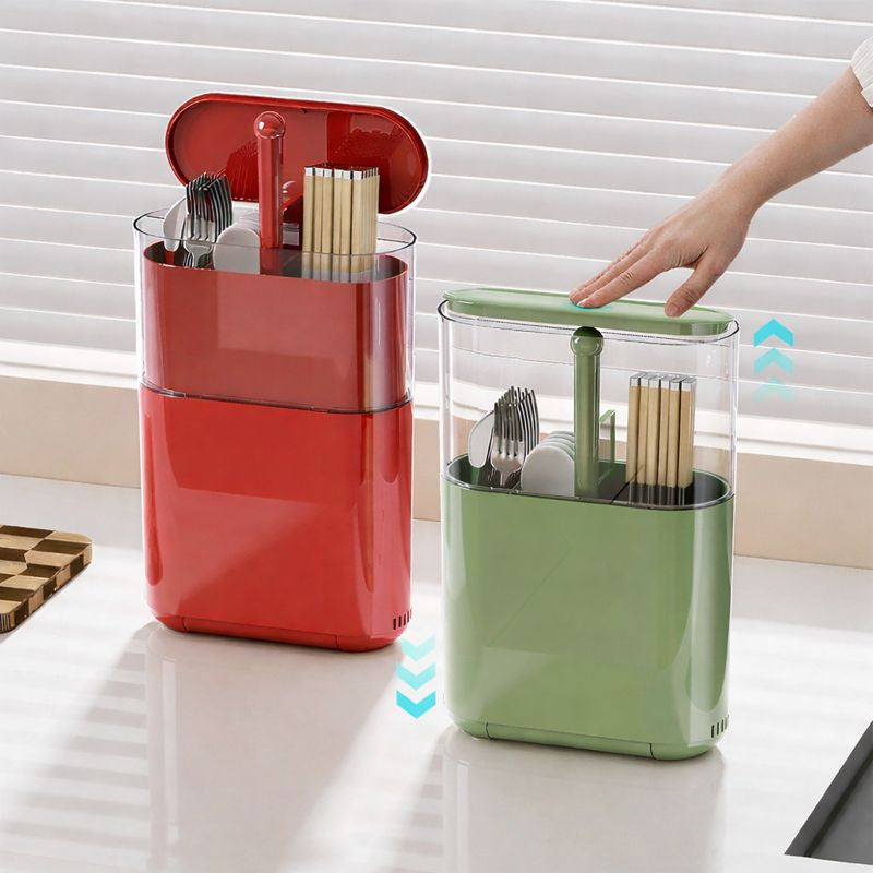 Wall-Mounted Lift-Up Utensil Organizer – Dustproof & Drainage Kitchen Storage Box